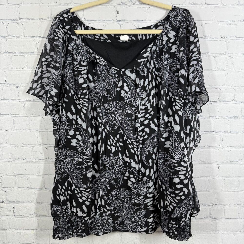 Peasant Blouse Women Plus 3X Black Floral Chiffon Sheer Cottage Artsy Flowy Top